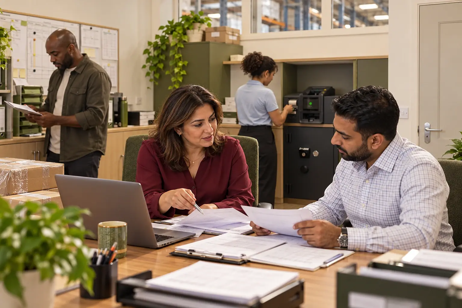 Two colleagues going through the paperwork together while a team member uses the smart safe behind them