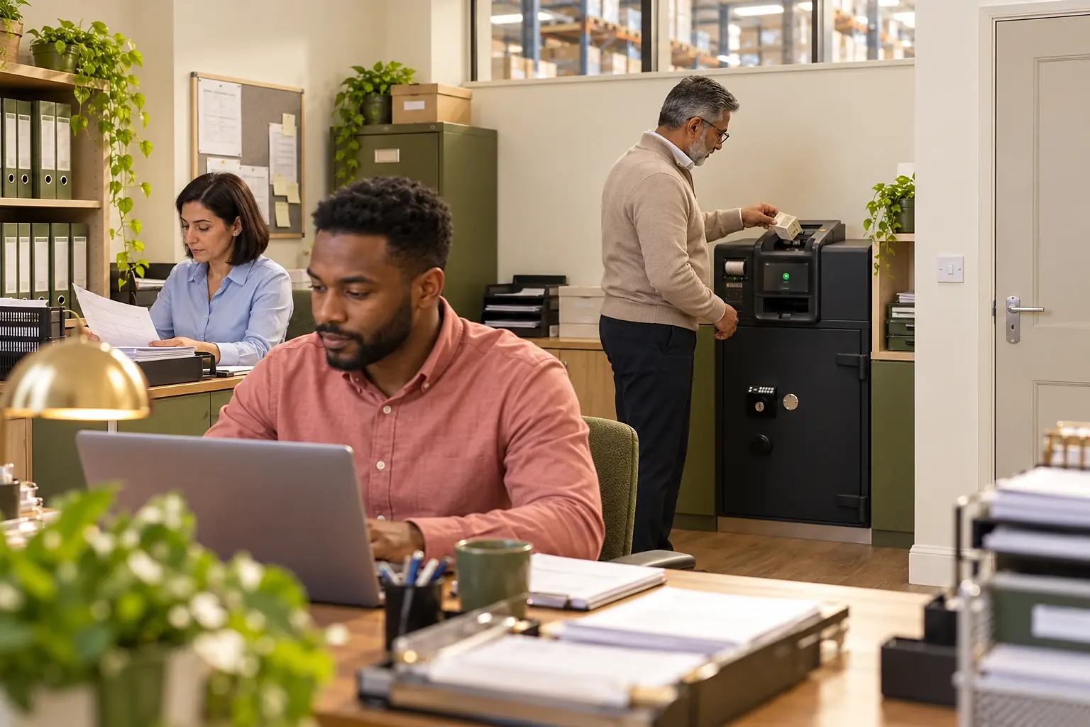 Man loading a stack of notes into a smart safe in a bright wholesale office while a colleague works at his laptop