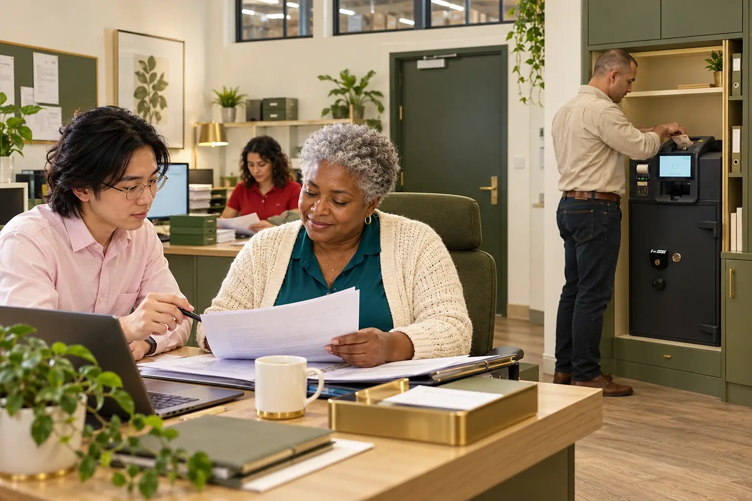 Two colleagues going through paperwork while a manager deposits notes into the smart safe behind them