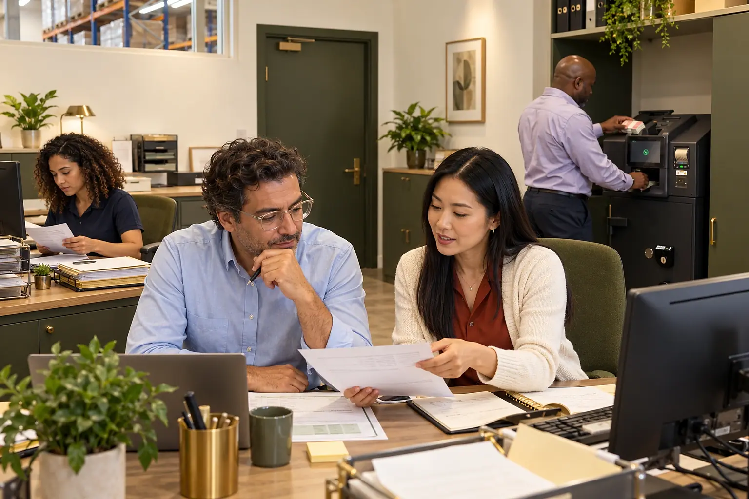 Two colleagues reviewing figures together while a manager deposits notes into the smart safe