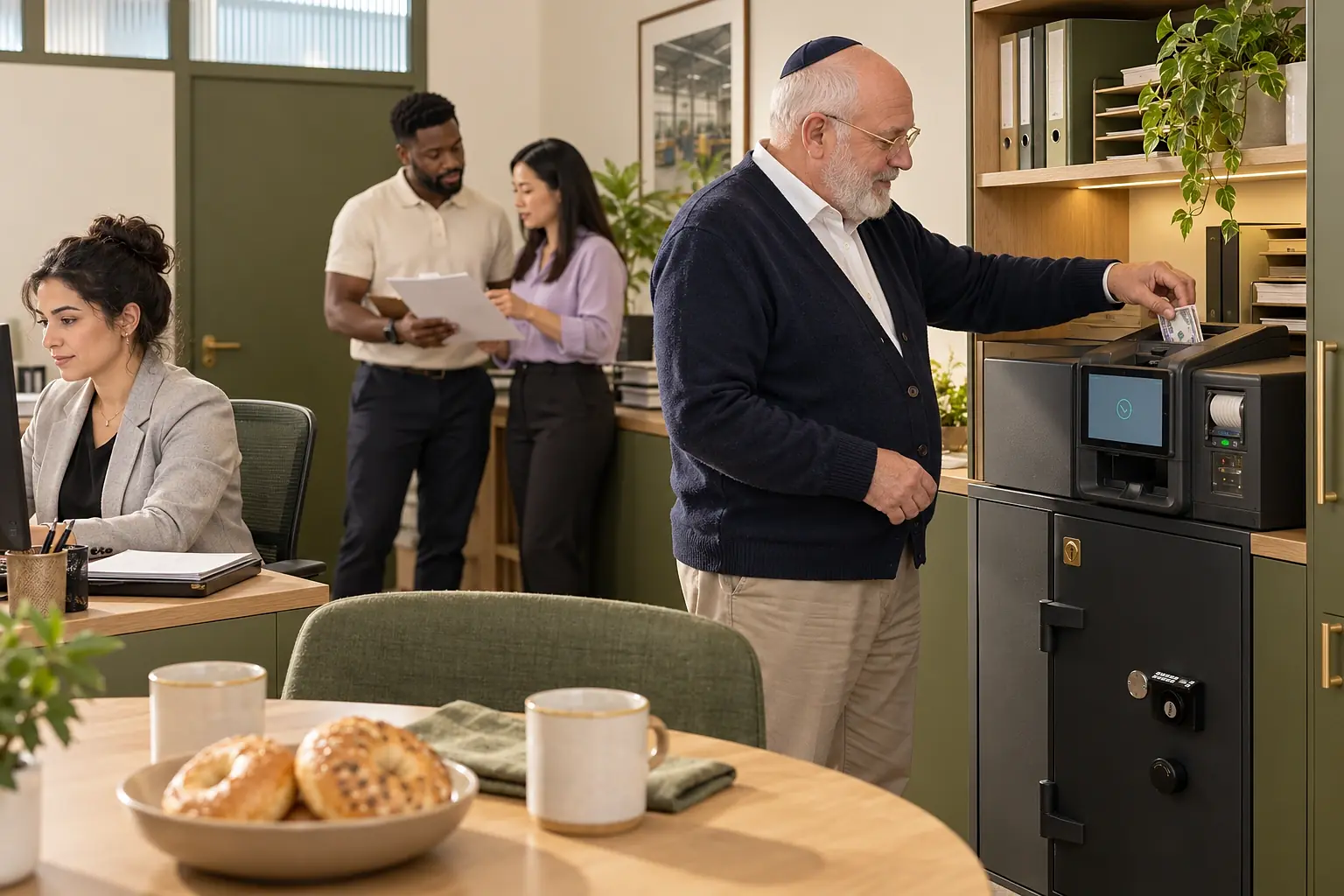 Business owner depositing notes into a smart safe in a warm, plant-filled office while his team works