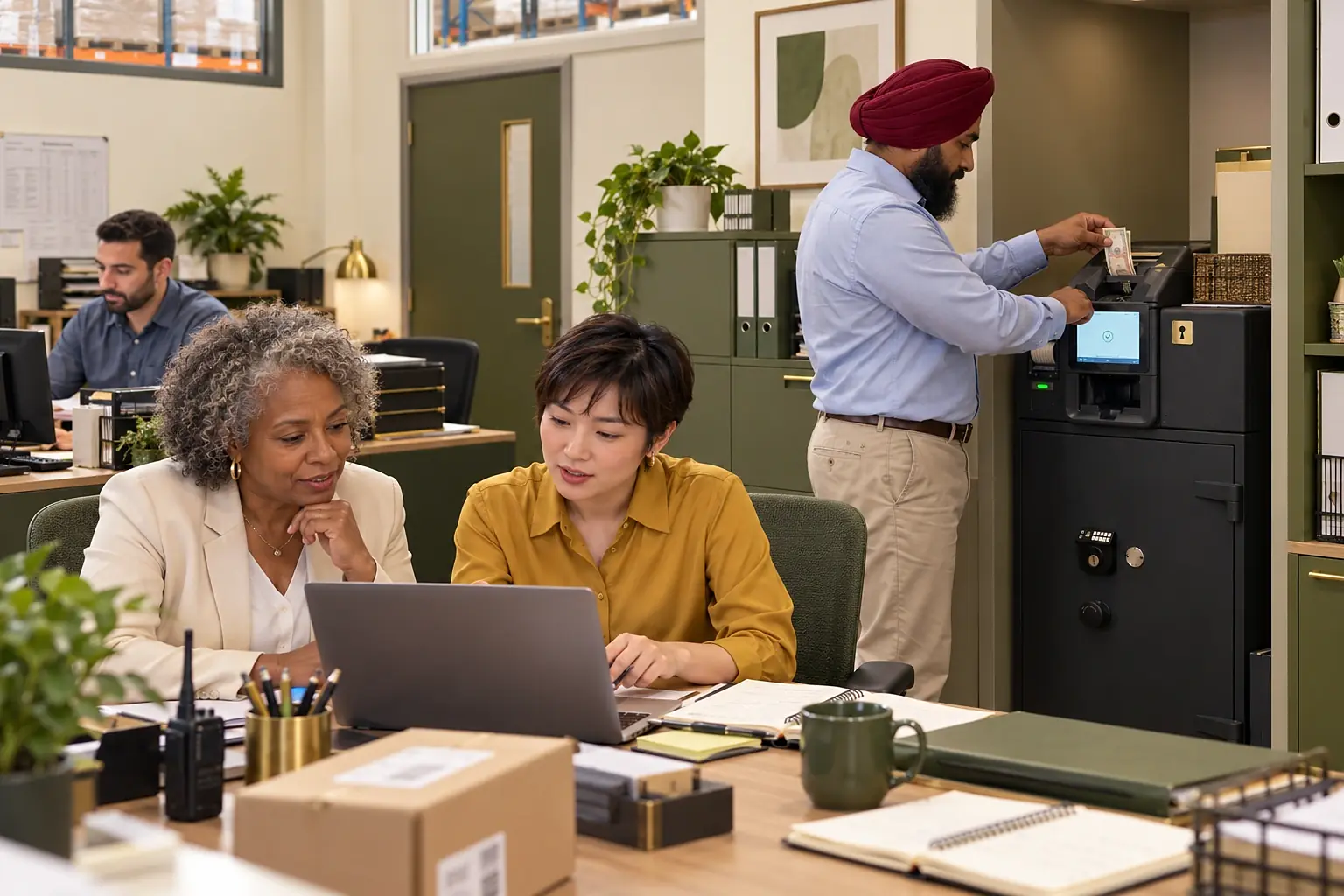 Owner depositing the takings into a smart safe while two colleagues review figures on a laptop