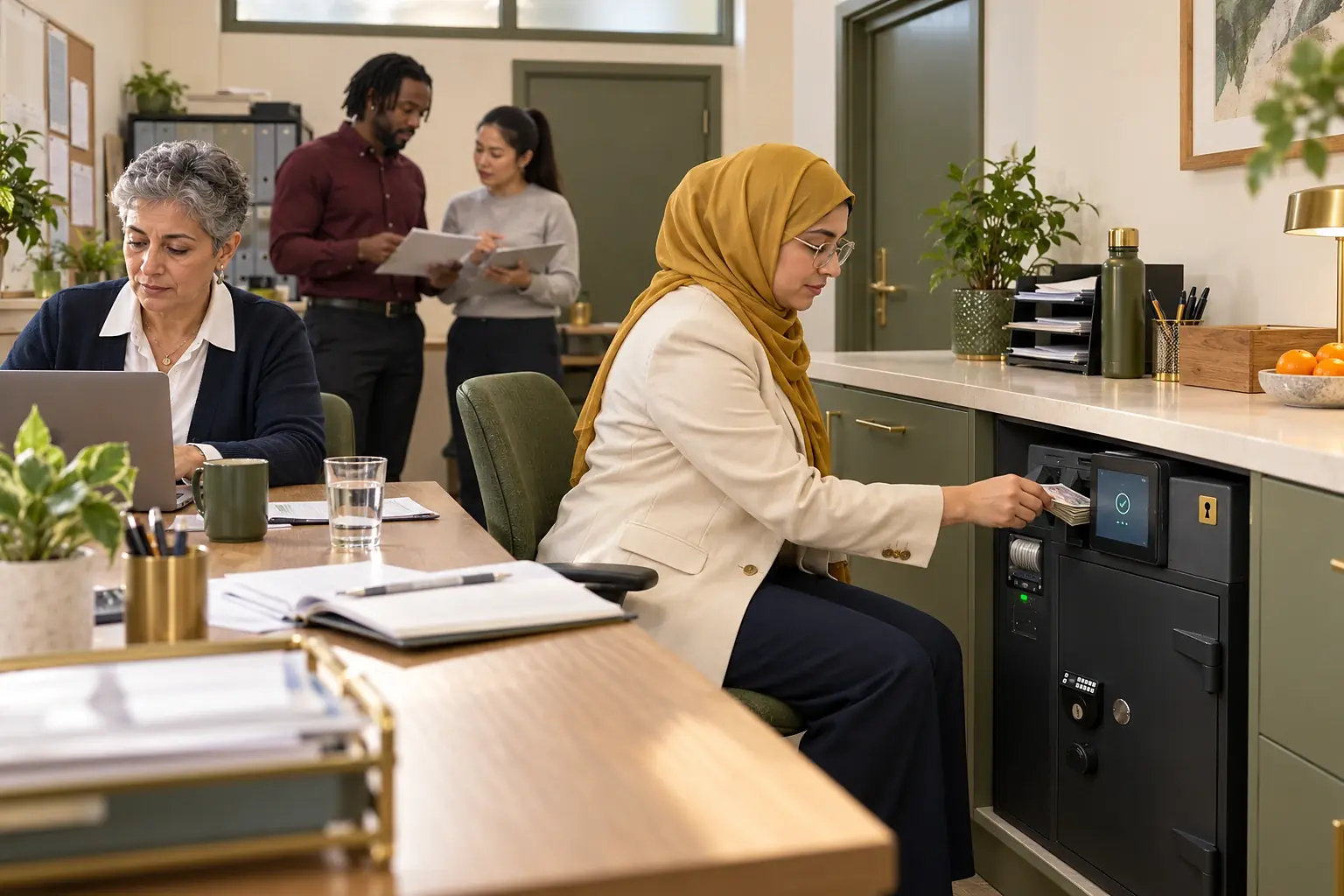 Woman depositing notes into a compact smart safe fitted under the office counter