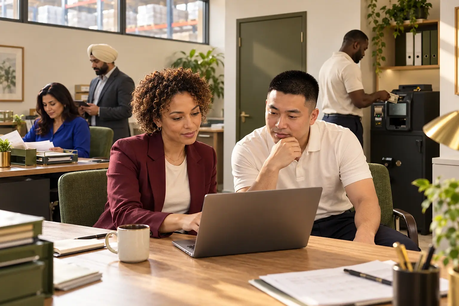 A busy, friendly office team, with a colleague using the smart safe at the back