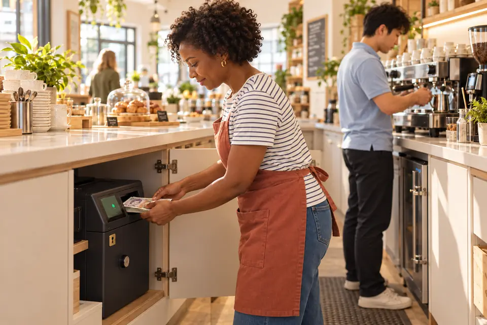 Café owner depositing notes into a compact smart safe beneath the staff counter