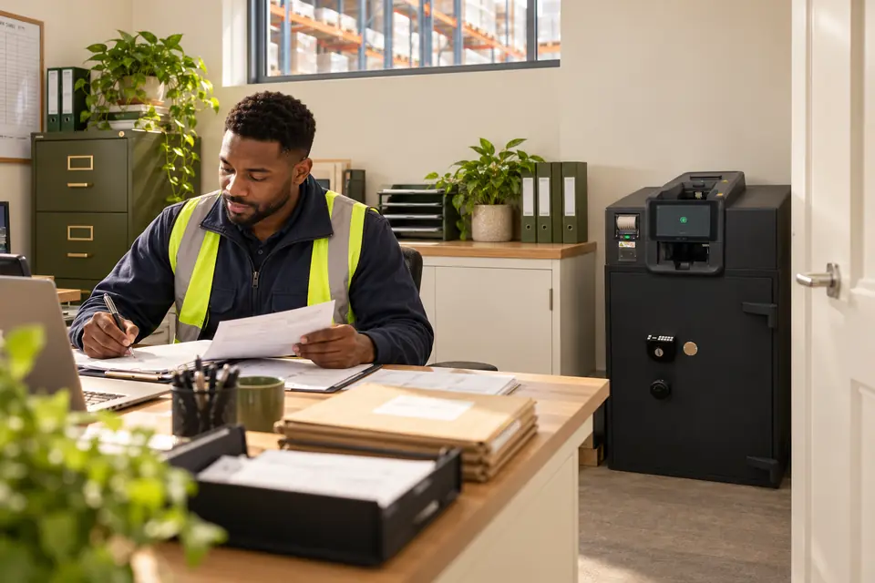 Warehouse supervisor at his desk with a high-capacity safe in the corner of the cash office