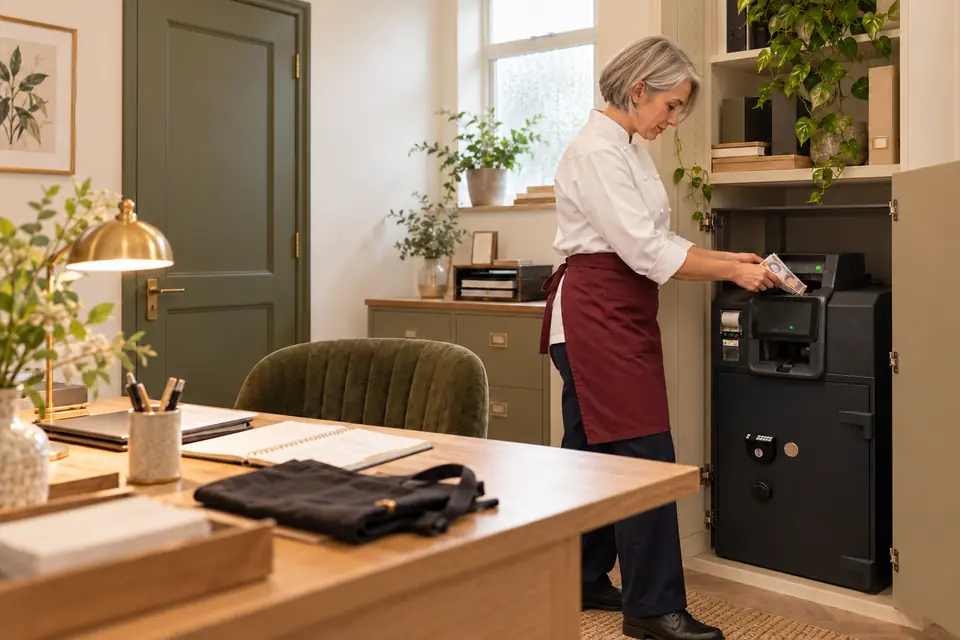 Restaurant manager securing takings in a smart safe inside a private office